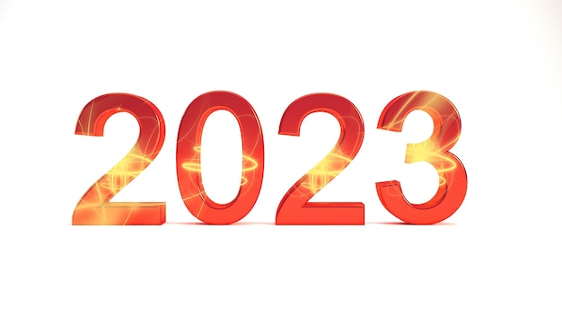 2023 rode 3D tekst heldere, gloeiende, glanzende gouden kleuren lichteffect geïsoleerd op een witte achtergrond.