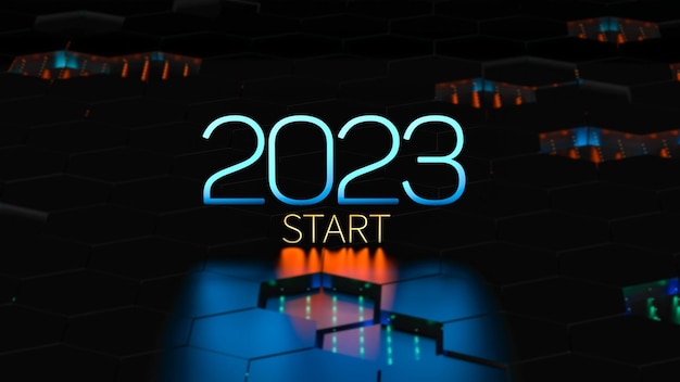 2023 시작 비즈니스 네온 개념 시작 2023 배너 2023 3D 렌더링