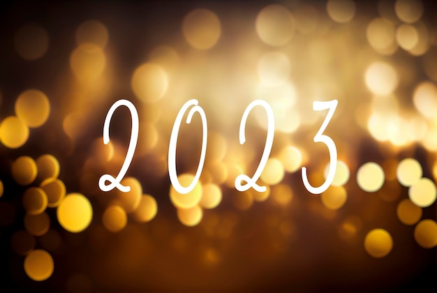 Foto 2023 tekst en onscherpe achtergrond met gouden bokeh lichten