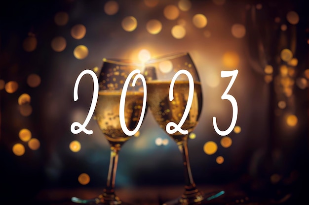 2023 tekst en twee champagneglazen met wazige gouden bokeh lichten op de achtergrond