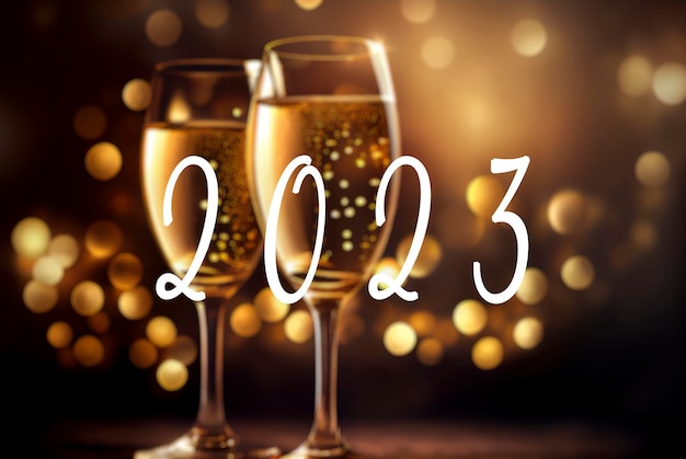 2023 tekst en twee champagneglazen met wazige gouden bokeh lichten op de achtergrond