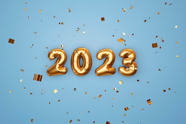 2023 tekst gemaakt van gouden opblaasbare ballonnen op een blauwe achtergrond met gouden confetti 3d render