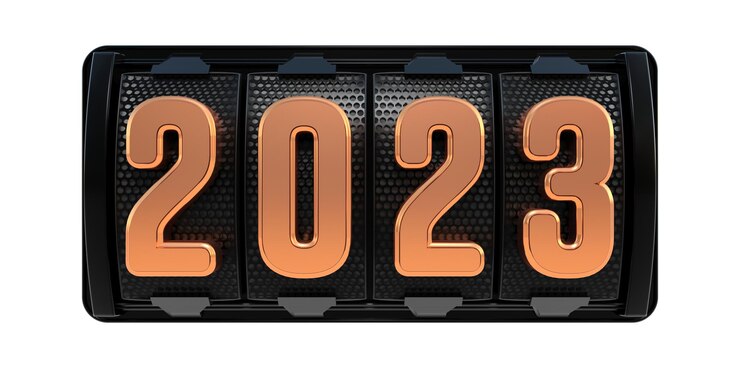 Photo 2023 text on a metallic grid 3d rendering