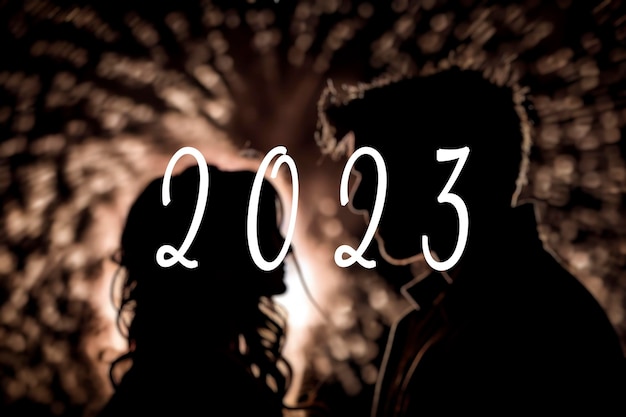 2023 text and silhouette of a couple with new year's fireworks in the background