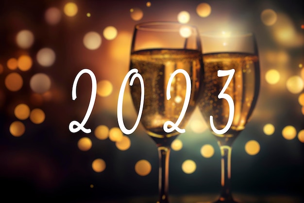 Photo 2023 text and two champagne glasses with a blurred golden bokeh lights in background