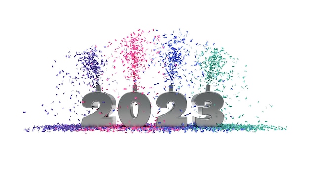 2023 viering met confetti 3d-rendering