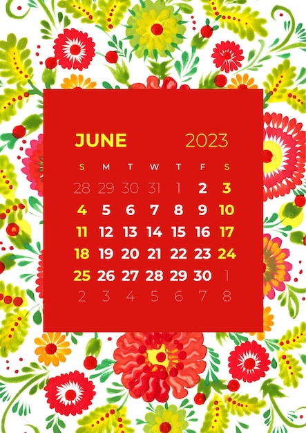 2023 year monthly calendar illustration of flowers and leaves, blossom, floral background petrykivka