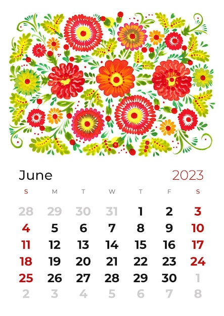 Фото Ежемесячный календарь на 2023 год с изображением цветов и листьев, цветов, цветочного фона петриковки
