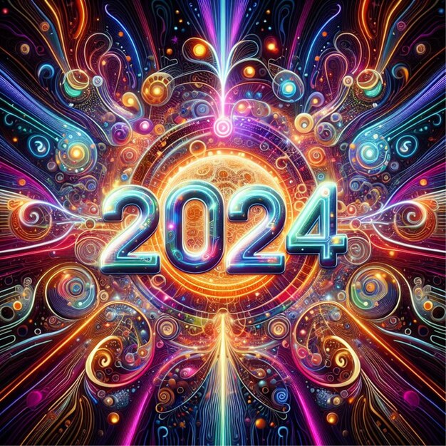 Photo 2024 abstract colorful year gradient vibrant dots optical illusion circle art design text