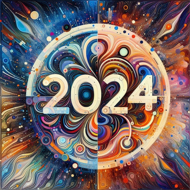 2024 abstract colorful year gradient vibrant dots optical illusion circle art design text