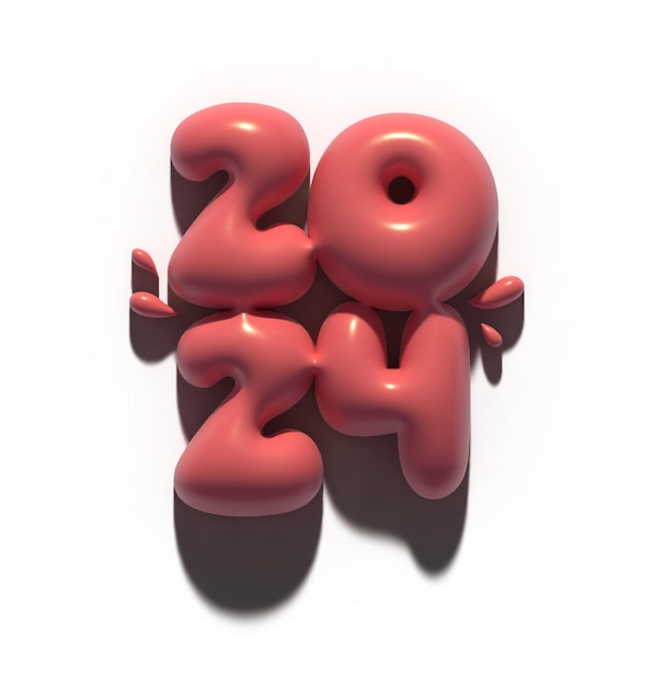 2024 Alphabet Number 3D Render Bubble Ballon Effect Typografische roze kleur.