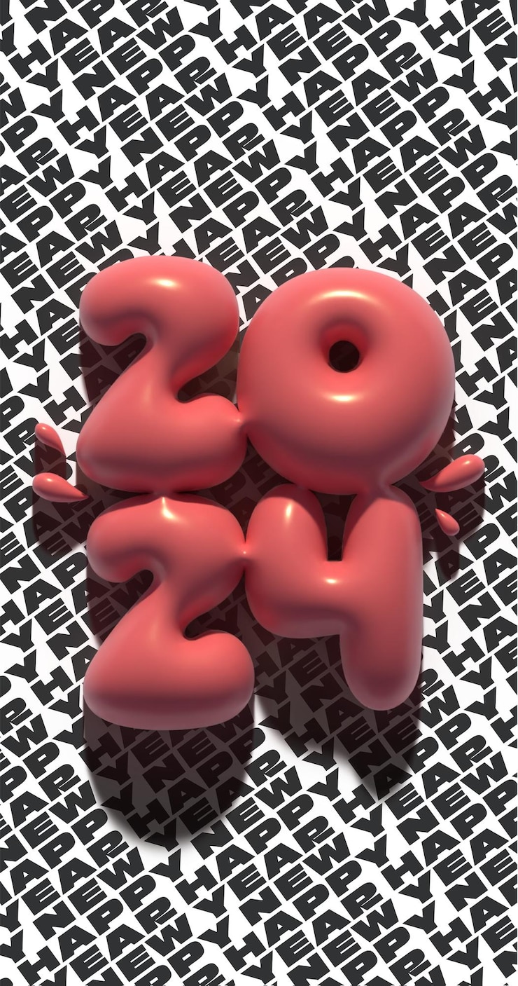 Photo 2024 알파, 숫자, 3d 렌더링, 거품 풍선 효과, 타이포그래피, 분홍색, 수직 구성