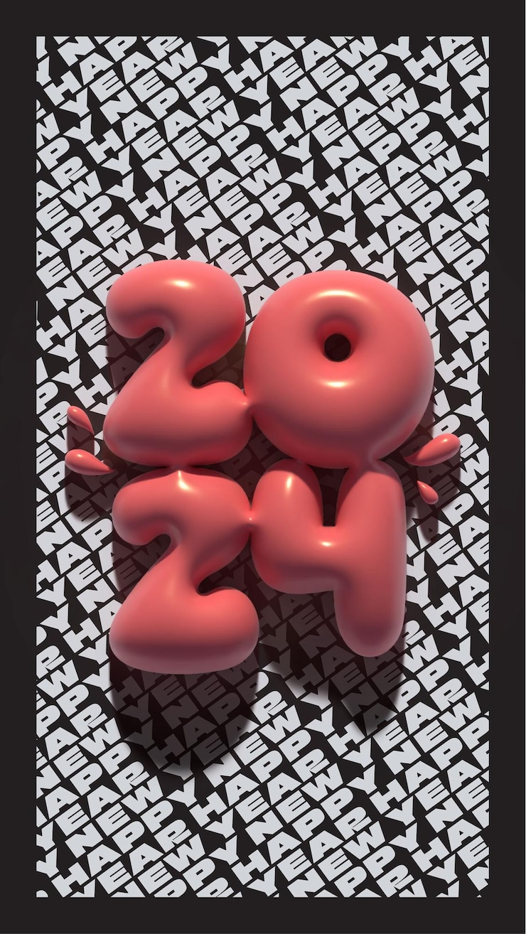 Photo 2024 알파, 숫자, 3d 렌더링, 거품 풍선 효과, 타이포그래피, 분홍색, 수직 구성