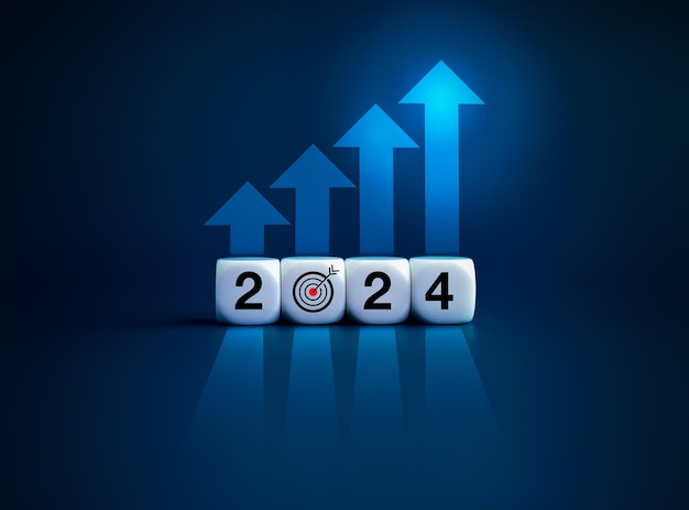2024 bedrijfsgroei doel en succes investeringen big data en technologie trends concepten 2024 kalendernummer op wit kubusblok met doeldartpictogram met stijgingspijlengrafiek op blauwe achtergrond