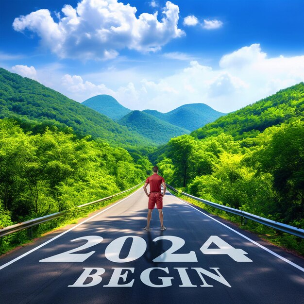 2024 begin written on a highway road and a male runner standing in front