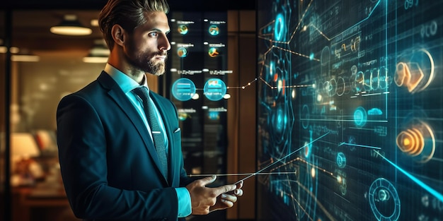 In 2024 a businessman uses AR graphics to analyze working companies' profitability