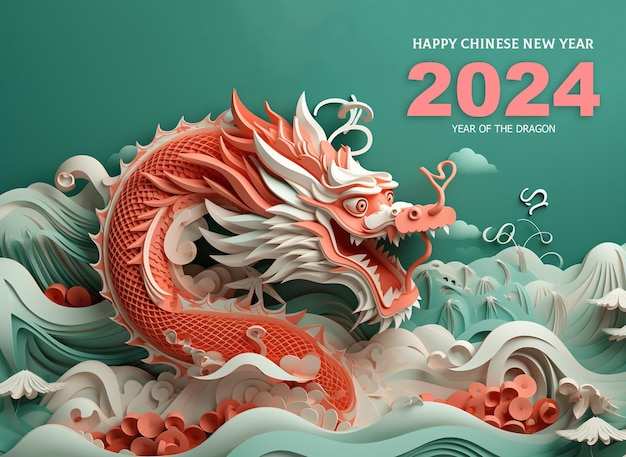 Photo 2024 chines new year for cover poster flyer postcard chinese dragon and flower paper style concept