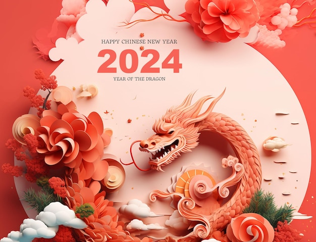 Photo 2024 chinese new year for cover poster flyer postcard chinese dragon and flower paper style concept