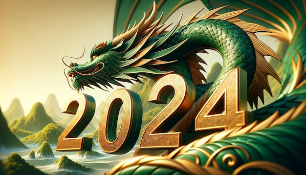 Photo 2024 chinese new year year of the dragon green wooden dragon and number greeting card