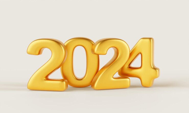 Photo 2024 황금 행복한 새해 숫자 3d 렌더 배너 디자인 럭셔리 반 ⁇ 이는 황금 금속 글 ⁇  타이포그래피 캘린더 인사 카드 및 베이지 배경 3d 일러스트레이션에 크리스마스 축하