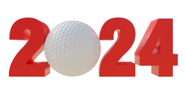 2024 Golf evenementenkalender Nieuw jaar nummer met golfbal geïsoleerd op witte achtergrond 3d render