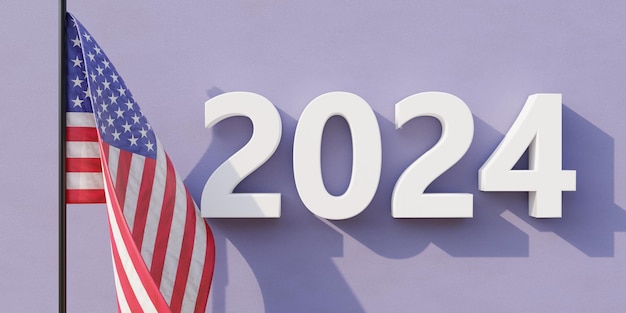 Photo 2024 happy new year america usa flag and year number on pastel purple wall background 3d render