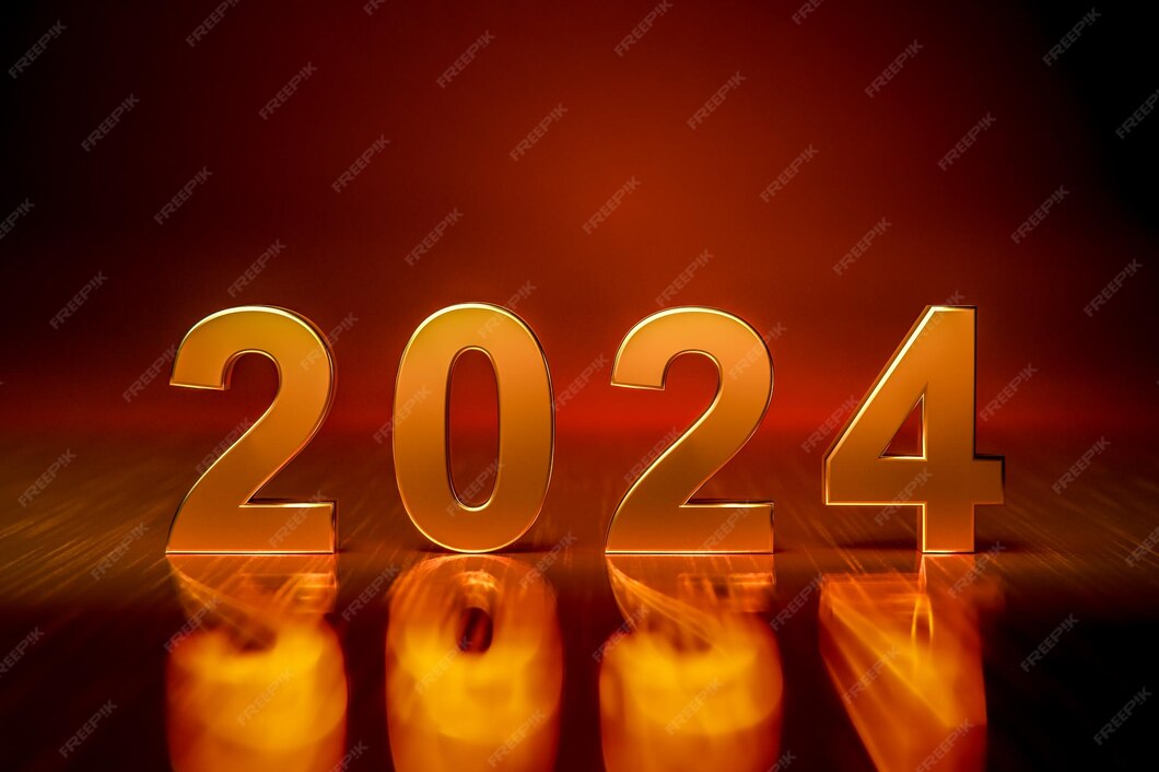 어두운 빛나는 배경에 2024년 새해 복 많이 받으세요 개념 번호 2024 새해 2024년 3d 그림 시작 프리미엄 사진