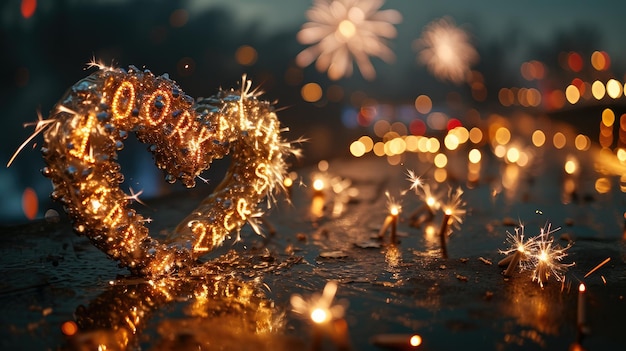 2024 happy new year wallpaper heart shape with fireworks on the ground