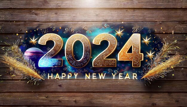 Foto buon anno nuovo 2024 con copia spaziale su sfondo di legno