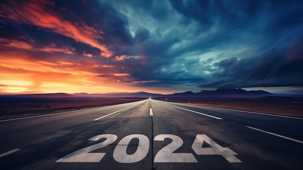 2024 is written on a road that stretches into the distance as a symbol of the coming new year dramatic sky