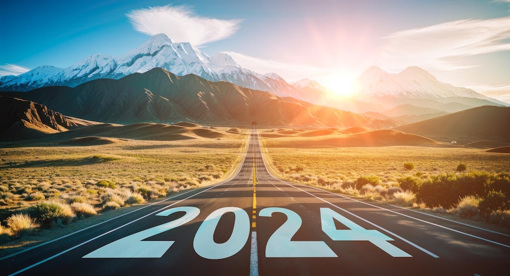 2024 New Year Black Asphalt Road With New Year Numbers 2024 2024 With White Dividing Lines Surrounded By Stunning Scenery Generative Ai 256259 4647 ?w=996