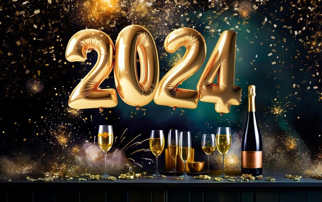 2024 new year celebration with champagne in luxury gold and sparkles and firework in dark background