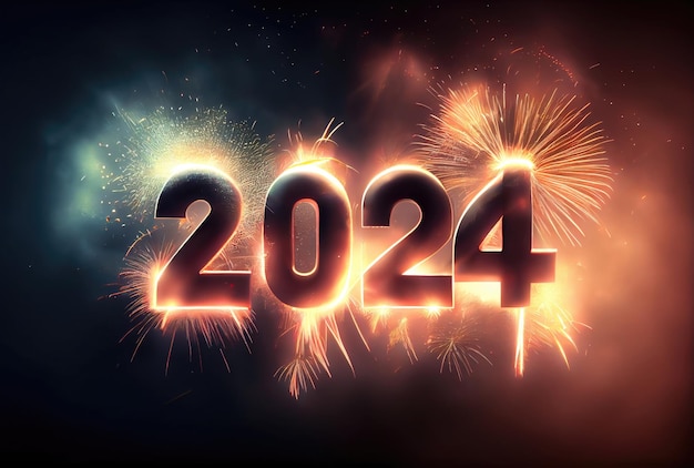 Photo 2024 new year celebration with colorful fireworks on dark background. generative ai