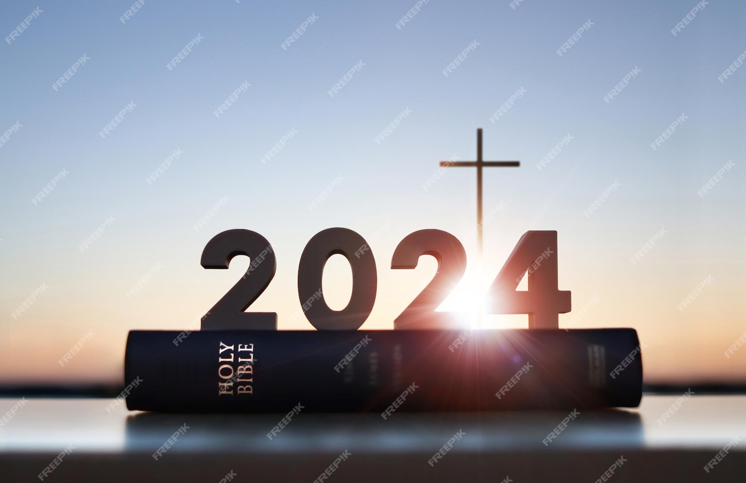 Premium Photo 2024 new year sunrise jesus' cross bible book faith