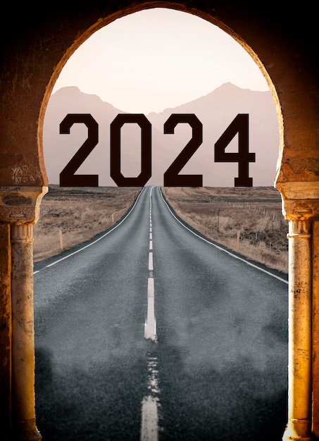 2024 Nieuwjaar roadtrip reizen en toekomstvisie concept bekijken door de boogingang