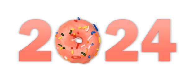 2024 Nieuwjaarsconcept 2024 Wording met Delicious Donut geïsoleerd met Clipping Path