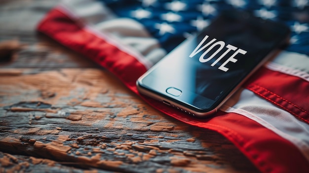 Президентские выборы 2024 года отображаются на экране смартфона Боке в фоновом режиме, сгенерированном ИИ