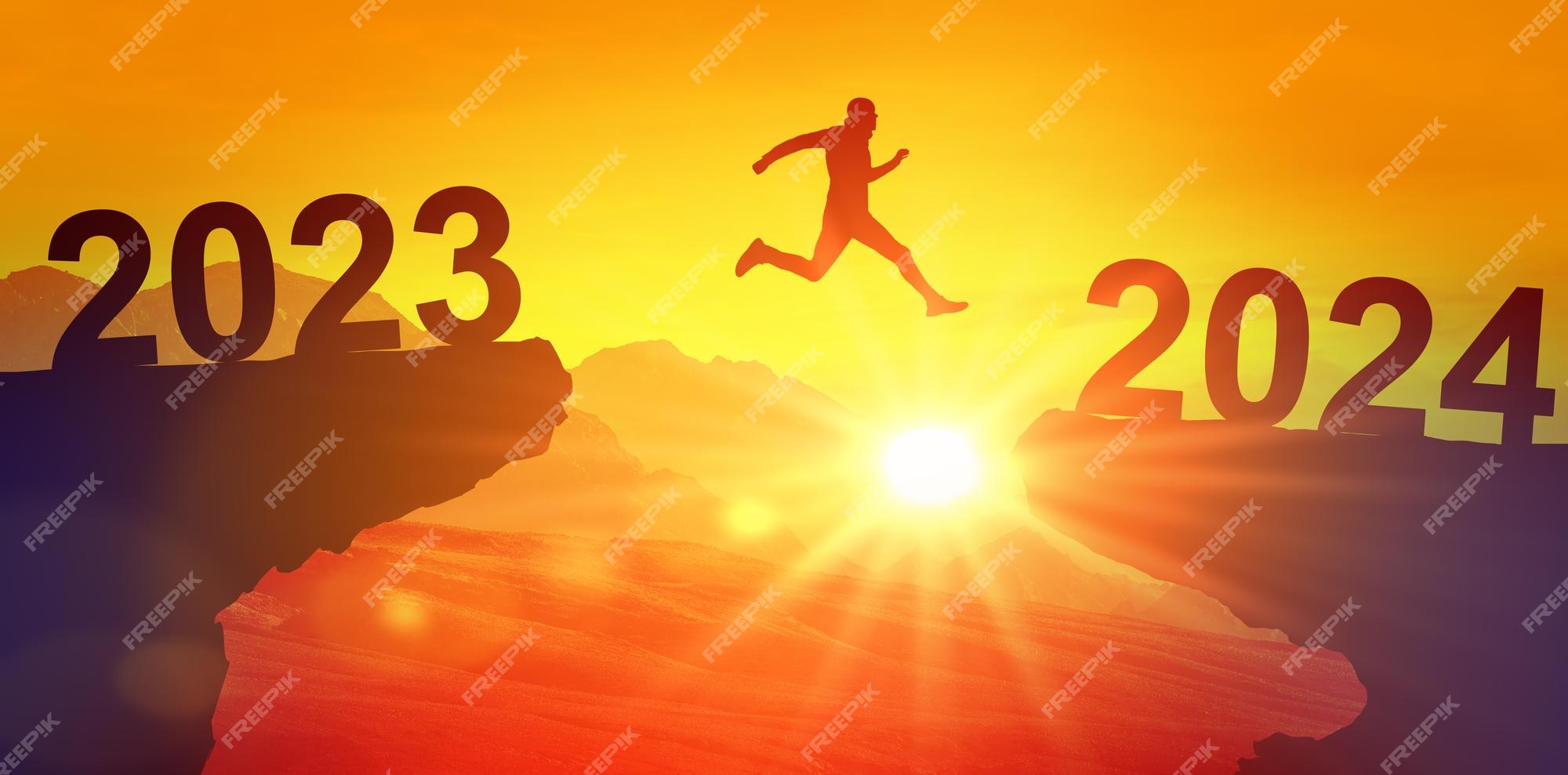 Premium Photo 2024 silhouette man jumping between cliff with number