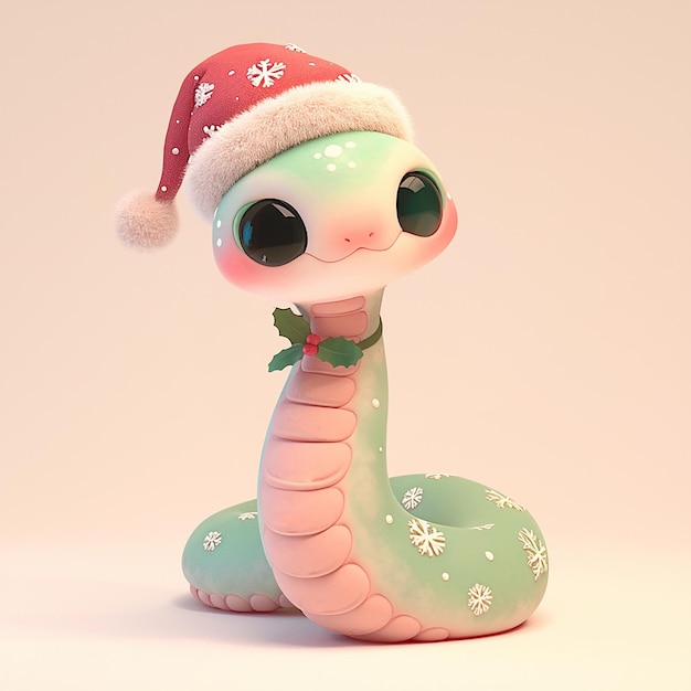 Foto natale 2025 serpente dei cartoni animati in 3d che indossa un cappello rosso e un fiocco di neve bianco sulla testa il serpente sorride ed è felice