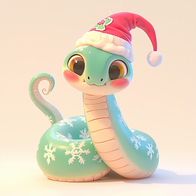 Foto natale 2025 serpente dei cartoni animati in 3d che indossa un cappello rosso e un fiocco di neve bianco sulla testa il serpente sorride ed è felice