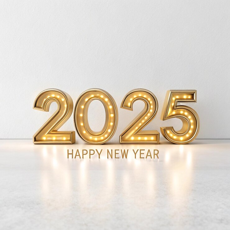 Фотография цветная новогодняя открытка 20253d 2025 реалистичные золотые цифры с праздничными конфетами