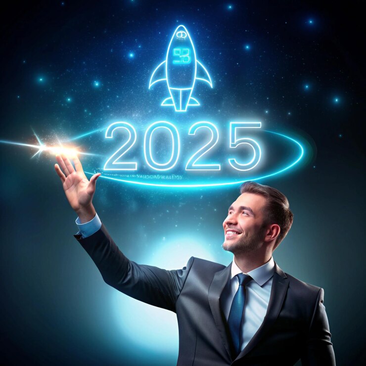 2025 concept of new year beginning happy celebration festival new life growth of business startup innovation Man shows glowing neon line word of 2025 with rocket icon