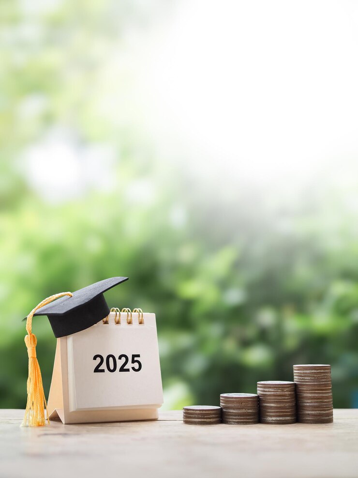 졸업 모자와 동전 어리와 함께 2025 책상 달력: 2025 년 교육에 대한 돈을 절약하는 개념 학생 대출 장학금 수업 수수료