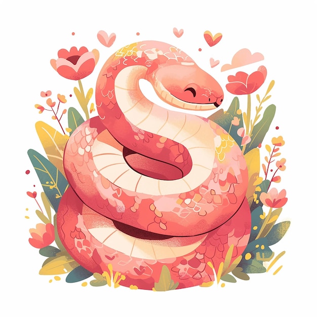 2025 Een cartoon slang met een roze lichaam en geel hoofd is omringd door bloemen de slang glimlacht en hij is gelukkig