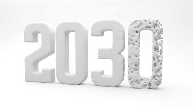 2030년 글꼴 텍스트 3D 렌더링 이미지 2030 연말 개념 금이 간 글꼴이 있는 2030년 새해 텍스트의 사진 3d 렌더링 2030년은 흰색 배경에 있습니다.
