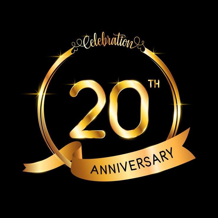 Photo 20th anniversary template design with gold color ribbon and ring logo vector template