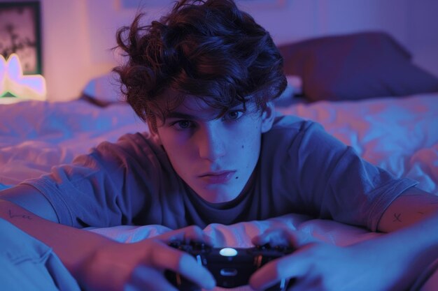 Photo 20yearold man absorbed in video game surrounded by glowing blue neon lights creating an immersive ga