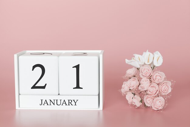 21 januari. Dag 21 van de maand. Kalenderkubus op moderne roze achtergrond