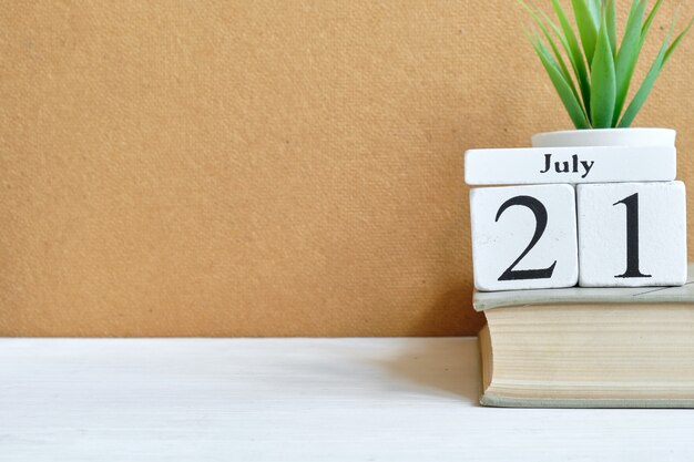 21 juli - eenentwintigste dag maand kalender concept op houten blokken.