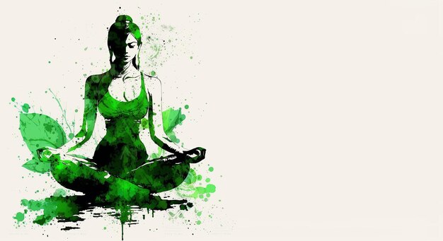 Photo 21 june international yoga day green woman in lotus yoga pose with copy space for text generative ai